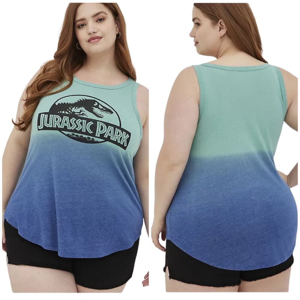 Torrid NWT Universal Jurassic World 3 Tank Triblend Jersey Dip Dye Blue 00X M/10